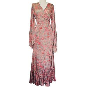 NWT Raga Boho Chic Metallic Floral Wrap Style Maxi Dress Oversized Size XS